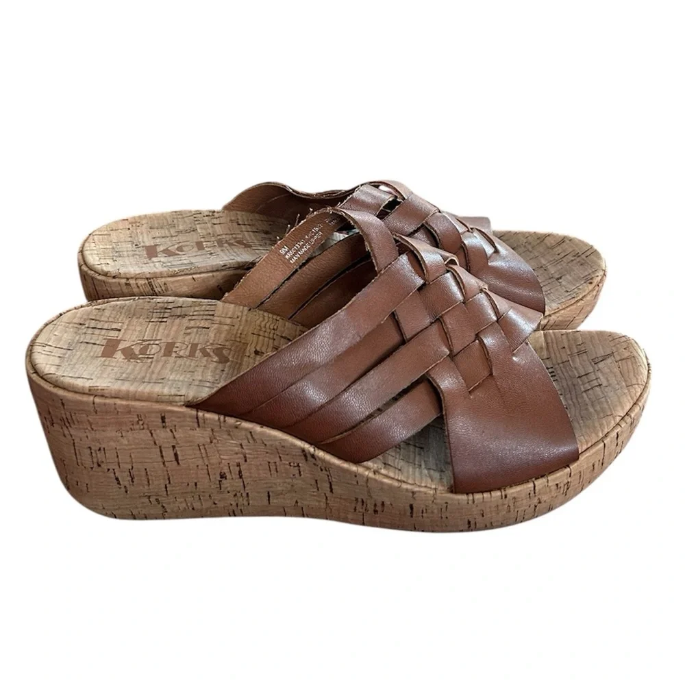 Korks | Women’s Cognac Brown Woven Leather Bridge Strap Slip On Cork Wedges Sz 9